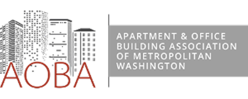 AOBA logo featuring a city skyline silhouette next to a gray panel that reads: 'Apartment & Office Building Association of Metropolitan Washington'