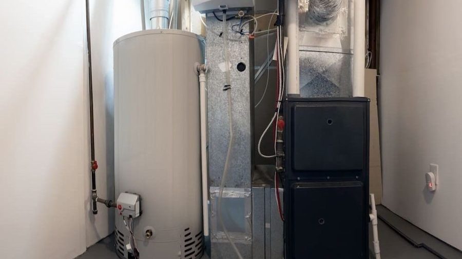 HVAC furnace and heating equipment installed in a residential utility room.