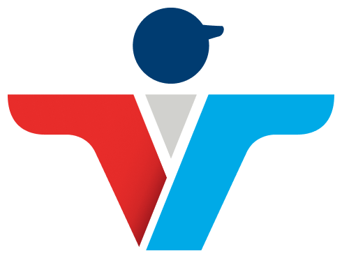 Logo: stylized person with outstretched red and blue wings and dark blue head.