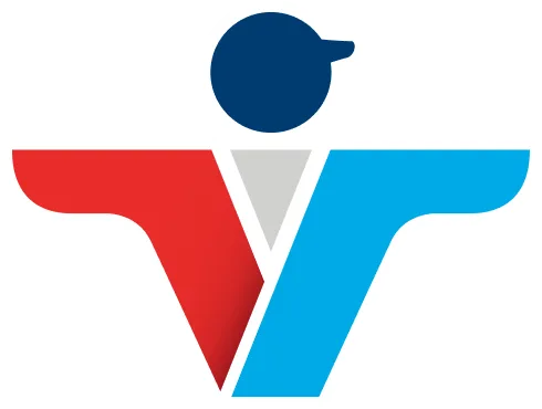 Logo: stylized person with outstretched red and blue wings and dark blue head.