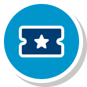Blue circular badge with a white ticket icon and star, representing a ticket or admission