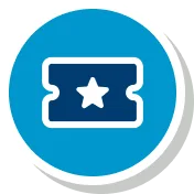 Blue circular badge with a white ticket icon and star, representing a ticket or admission