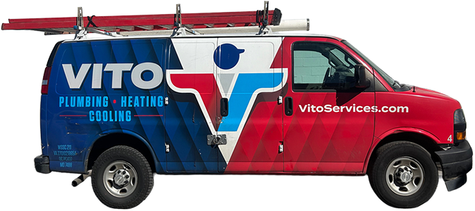 Vito Services van with red and blue graphics and a ladder on top, advertising plumbing, heating, and cooling services (VitoServices.com)