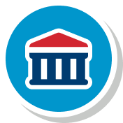 Blue circular icon with a white classical bank/government building (columns) and a red pediment.