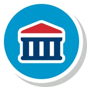 Blue circular icon with a white classical bank/government building (columns) and a red pediment.