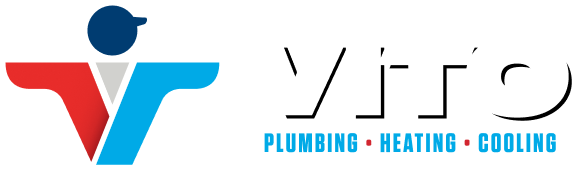VITO Plumbing, Heating, Cooling logo with a red/blue stylized V and a small blue circle above the letter V