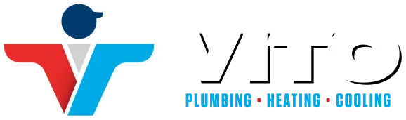 VITO Plumbing, Heating, Cooling logo with a red/blue stylized V and a small blue circle above the letter V