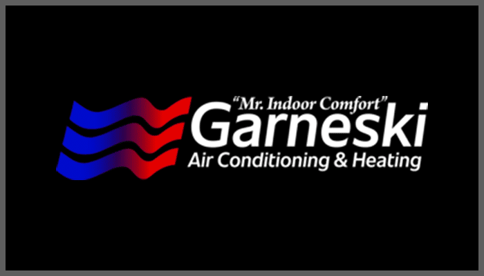 Garenski Air Conditioning & Heating logo with blue-to-red wavy stripes and the slogan 'Mr. Indoor Comfort'.