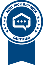 Circular Best Pick Reports Certified badge with house and speech-bubble icon, blue ribbon hanging below.