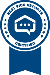 Circular Best Pick Reports Certified badge with house and speech-bubble icon, blue ribbon hanging below.