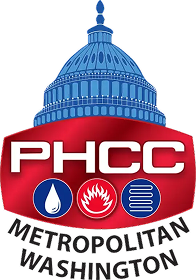 PHCC Metropolitan Washington logo with a blue Capitol dome on a red banner and three blue icons (water drop, flame, hose) and 'METROPOLITAN WASHINGTON' text