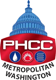 PHCC Metropolitan Washington logo with a blue Capitol dome on a red banner and three blue icons (water drop, flame, hose) and 'METROPOLITAN WASHINGTON' text