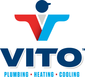 VITO Plumbing Heating Cooling logo with a red-blue V emblem and blue circle above, followed by the blue VITO wordmark and 'PLUMBING • HEATING • COOLING' tagline.