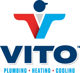 VITO Plumbing Heating Cooling logo with a red-blue V emblem and blue circle above, followed by the blue VITO wordmark and 'PLUMBING • HEATING • COOLING' tagline.