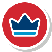 Red circular badge featuring a blue crown icon, signaling premium status