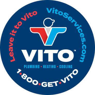 Circular blue VITO logo featuring a white/red/blue stylized figure, 'VITO' and 'Plumbing • Heating • Cooling', with ring text 'Leave it to Vito', 'VitoServices.com', and '1-800-GET-VITO'.