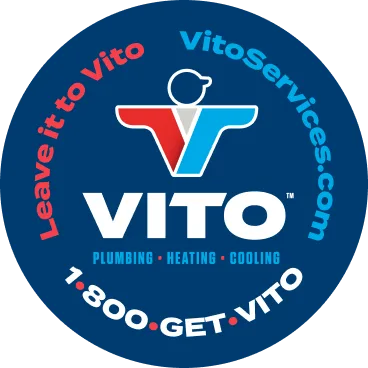 Circular blue VITO logo featuring a white/red/blue stylized figure, 'VITO' and 'Plumbing • Heating • Cooling', with ring text 'Leave it to Vito', 'VitoServices.com', and '1-800-GET-VITO'.